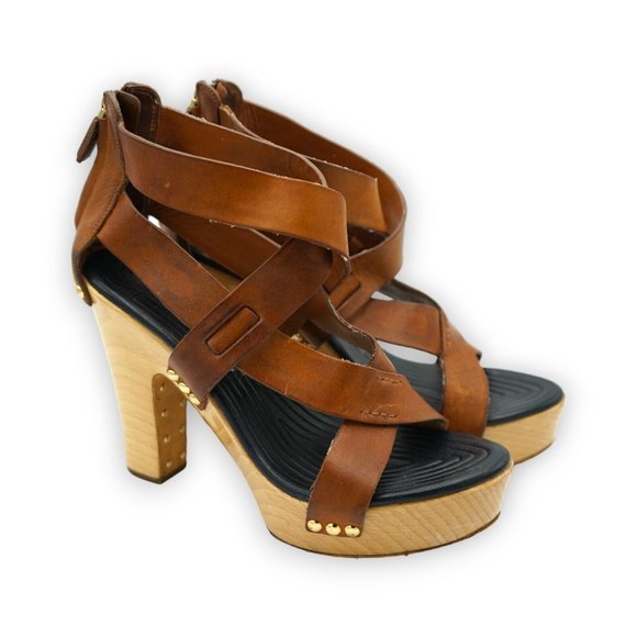 GIVENCHY Brown Leather‎ Gold Stud Detail Platform Sandals Geels Size 38.5 - Picture 1 of 12